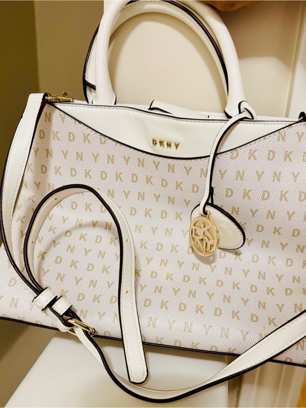 DKNY Cream and Gold Monogram Satchel Bag
